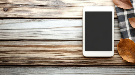 Modern Communication Technology on Wooden Board for Digital Business Presentation in Autumn Seasonの素材