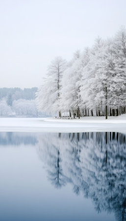 Tranquil Winter Scene Serene Lake Surrounded by Snow-Covered Trees Under a Clear Blue Skyの素材