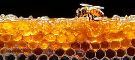 A Busy Honey Bee Collecting Nectar from a Dripping Honeycomb in an Extreme Close-Up Shotの素材