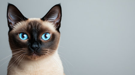 Charming Siamese Cat Portrait with Striking Blue Eyes and Seal Point Markings on Gray Backgroundの素材
