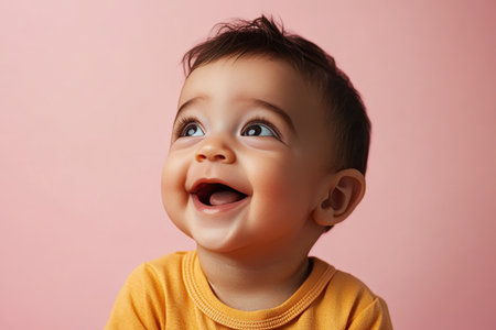 Adorable close-up portrait of a joyful baby with curious eyes, smiling on a soft pink background.の素材