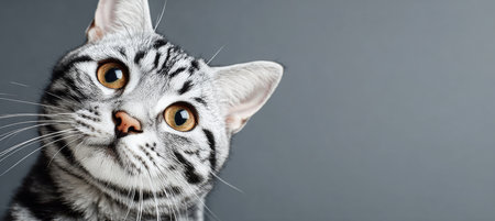 Charming Shorthair Cat with Amber Eyes and Silver Fur, Captured in a Clean Studio Portrait.の素材