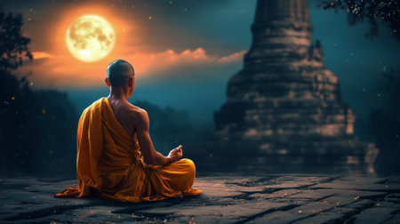 Serene Monk Silhouette Meditating Under a Full Moon, Embracing Spirituality and Inner Peaceの素材