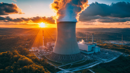 Nuclear Power Plant Surrounded by Lush Green Landscape Under a Stunning Sunset Sky with Golden Huesの素材