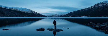 A Serene Winter Landscape with a Solitary Figure Reflecting on Dreams Under a Blue Skyの素材