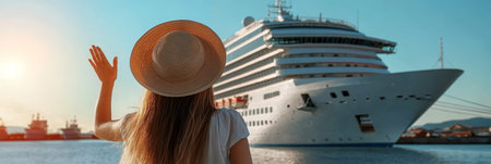 Woman in a Chic Hat Waves Goodbye to a Cruise Ship Adventure at Port, Ocean Shimmering Brightlyの素材