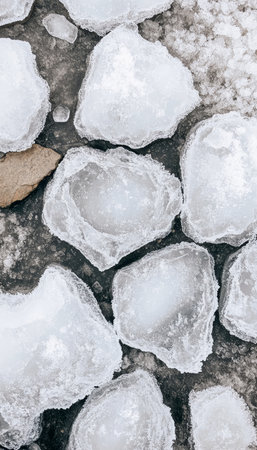 Frozen World Winter Mosaic with Shards Texture, Ice Crystals Pattern, and Unique Glacial Formsの素材