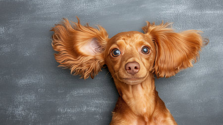 Adorable Whimsical Dog Portrait Capturing Expressive Gaze with Charm and Elegance in Studio Settingの素材