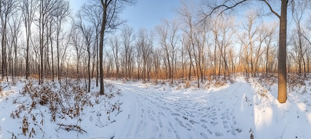 Winter Wonderland A Peaceful Pathway Through a Snow-Covered Forest Surrounded by Majestic Treesの素材