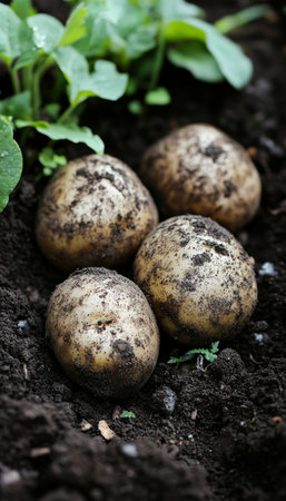 Freshly Harvested Organic Potatoes Surrounded by Rich Soil, Perfect for Healthy Meals and Cookingの素材