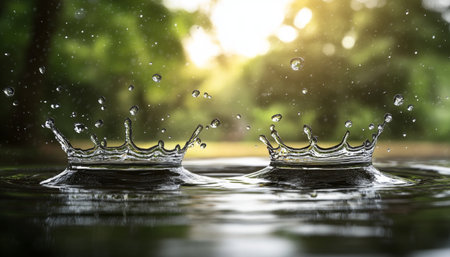 A breathtaking close-up of water droplets colliding and creating beautiful crown shapes in nature.の素材
