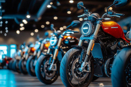 A Diverse Array of Stunning Motorcycles Displayed in a Modern Showroom Setting for Luxury Modelsの素材