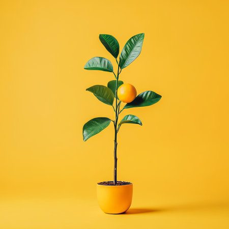 Fresh Calamondin Plant with Vibrant Orange Fruits on Bright Yellow Background, Healthy and Naturalの素材