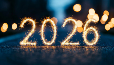 Festive Illumination for 2026 with Sparklers on a Smooth Road, Symbolizing Hope and New Beginningsの素材