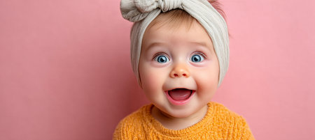 Adorable Baby Smiling Brightly in Headband, Closeup Portrait on Plain Background, Joyful Expressionの素材