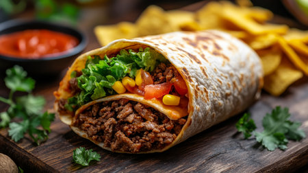 Tasty Beef Burrito in a Golden Brown Tortilla Served with Fresh and Cool Side Dishes to Enjoyの素材