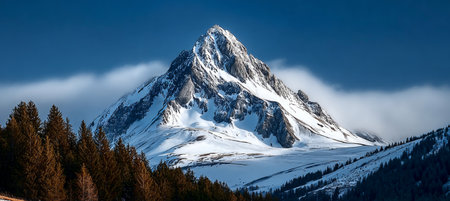 Majestic Snow-Capped Mountain Peaks Against a Clear Blue Sky Overlooking a Serene Frosty Landscapeの素材