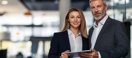 Senior Colleagues Collaborating on Innovative Touchpad Technology Initiatives in Modern Workspaceの素材