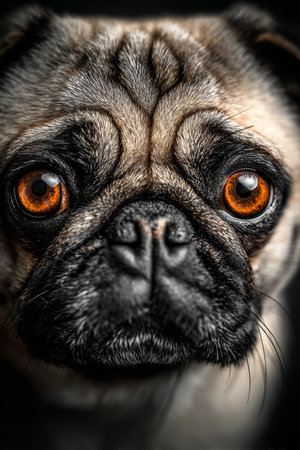 Close-up Portrait of an Adorable Pug Dog with Captivating Eyes on a Simple, Clean Backgroundの素材