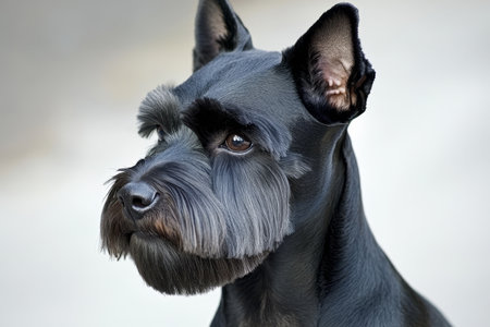 Adorable Miniature Schnauzer with Distinctive Whiskers and Sweet Expression Against Soft Backdropの素材