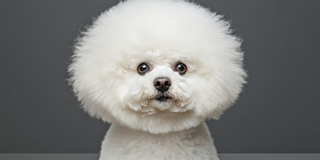 Adorable Bichon Frise Dog Portrait with Fluffy White Coat and Friendly Expression, Perfect Companionの素材