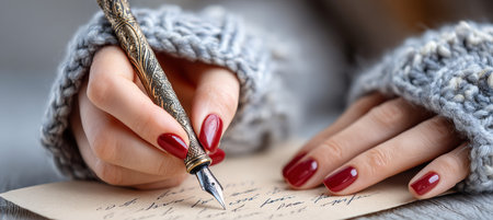 Elegant Vintage Writing Scene with Antique Pen, Old Paper, and Cozy Gray Knitted Shawl on Tableの素材