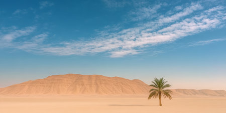 Lonely Green Palm Tree Standing Tall in an Expansive Beige Desert Valley Under a Bright Blue Skyの素材