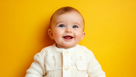 Joyful Infant Girl Looking at the Camera with a Warm Gold Backdrop, Perfect for Advertising Themesの素材