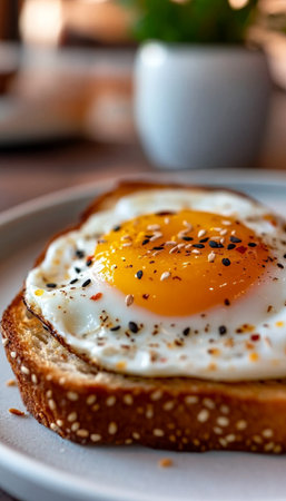 A Perfectly Cooked Sunny-Side Up Egg Served on Golden Toast, Garnished with Sesame Seeds and Herbsの素材