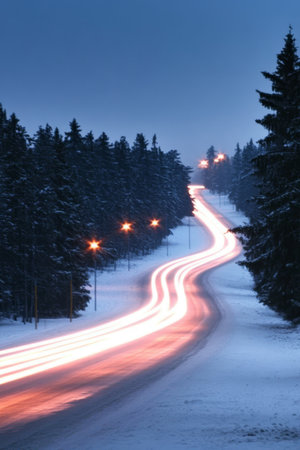 Nighttime Road Scene Featuring Winter Snow and Motion Blur as Cars Travel Through a Cold Forestの素材