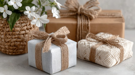 Stylish Eco-Friendly Gift Wrapping with Recycled Kraft Paper, Jute Ribbon, and Decorative Bowsの素材