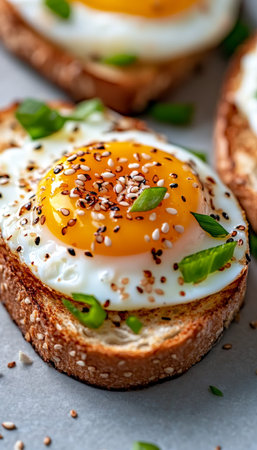 Golden Yolk Egg on Crunchy Toast Topped with Toasted Sesame and Fresh Basil for Breakfast Delightの素材