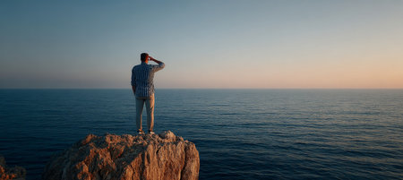 Contemplating Life s Journey A Silhouette on a Mountain Peak Against a Vibrant Sunset Skyの素材