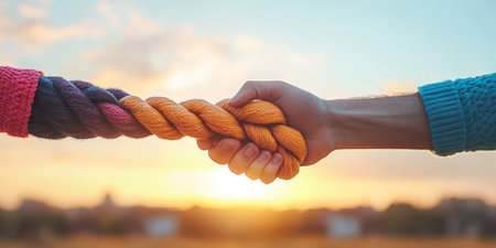 United Strength Two Hands Firmly Clasp Colorful Rope, Symbolizing Connection, Power, and Friendshipの素材