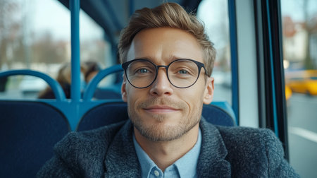 Stylish Entrepreneur Commuting in Modern City, Focused Male Passenger Riding Effortlessly to Workの素材