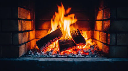 Cozy Winter Evenings A Warm Glow from a Brick Fireplace Inviting Comfort and Serene Relaxationの素材