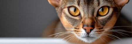 Close-Up of an Abyssinian Cat Featuring Striking Golden Eyes Against a Simple Gray Backgroundの素材