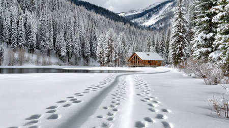 Winter Cabin Retreat Cozy Getaway Surrounded by Snow-Covered Landscape Under a Clear Blue Skyの素材