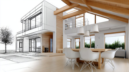 Stunning Architectural Visualization of a Modern House with Realistic Rendering and Sketch Designの素材
