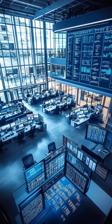High-Tech Stock Exchange Surveillance Center with Advanced Multi-Screen Data Visualizationの素材