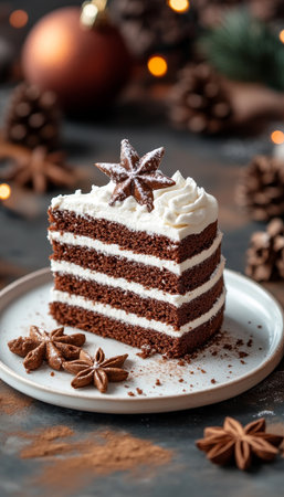 Deliciously Tempting Gingerbread Cake Slice with Cream and Festive Garnishes on White Plateの素材