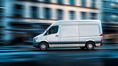 Cargo van navigating busy city streets during daytime deliveries showcasing efficient logistics.の素材