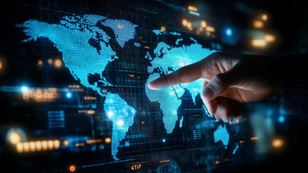 Global Connectivity Abstract Illustration of Earth Map on Touchscreen with User Interaction Conceptsの素材