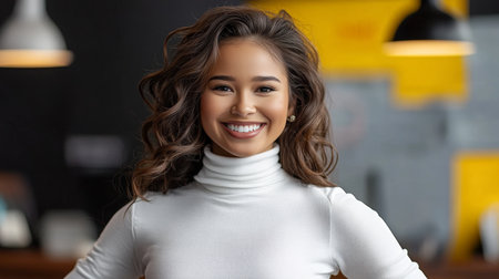 Confident Young Female Professional with Wavy Brown Hair Smiling in Modern Office Environmentの素材