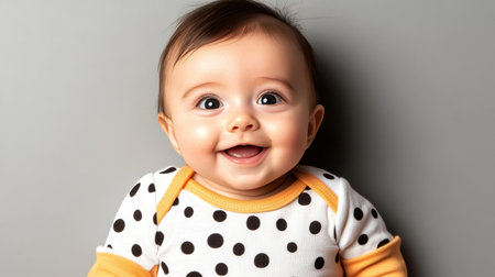 Adorable Baby Smiling with Playful Expression in Polka Dots on Gray Backdrop, Capturing Pure Joyの素材