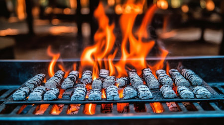 Grilling Perfection Intense Flame Char on Steel Grill Cooking Grate Creates Culinary Fire and Heatの素材