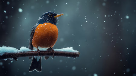 American Robin Resting On A Snow-Covered Branch In A Beautiful Winter Landscape Of North Americaの素材