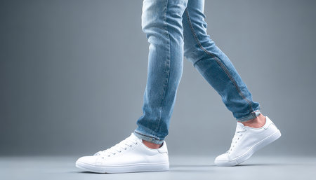 Fashionable Side View of Stylish White Sneakers Paired with Trendy Jeans on Light Gray Backgroundの素材