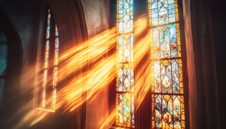Sunlight Streaming Through Stained Glass Windows, Illuminating The Majestic Church Interior s Beautyの素材