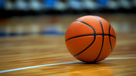 Orange Basketball on Court Floor Surrounded by Blurred Background Ready for Action and Playの素材